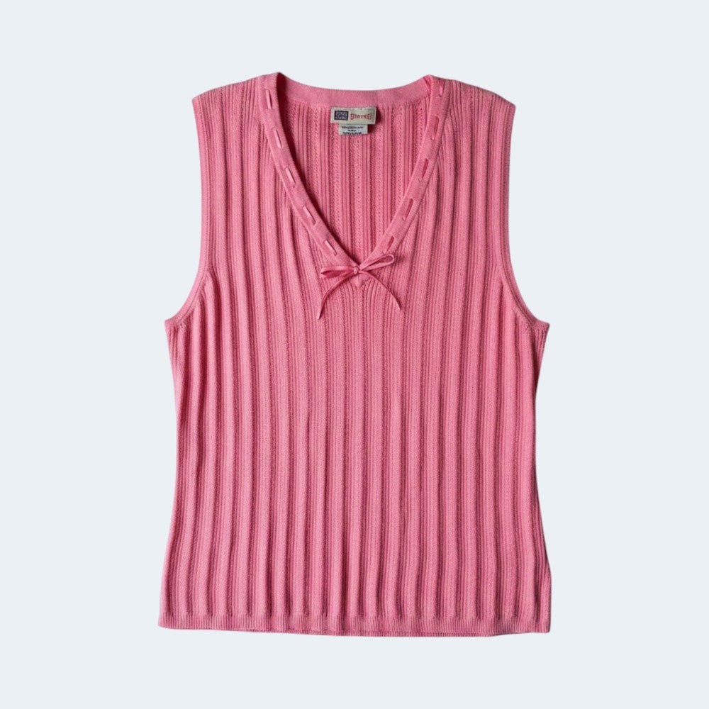 Vintage 90s Y2K Faded Glory Pink Ribbed Sweater Vest Ribbon Lace Bow Top L NWOT